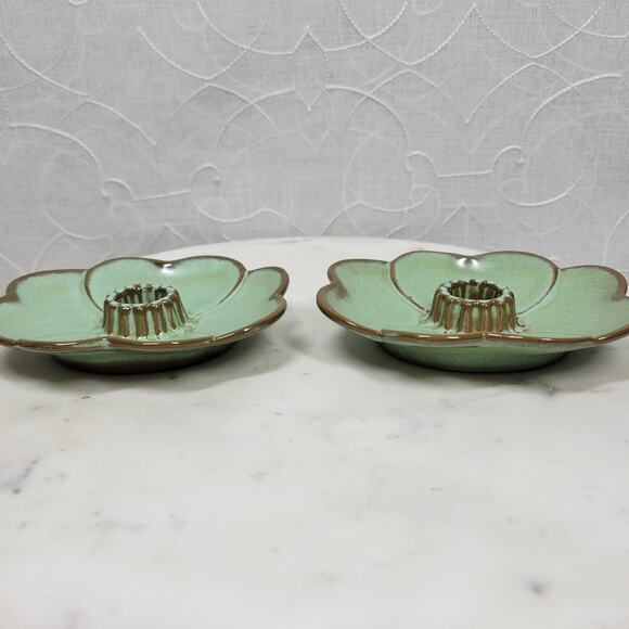 VTG Frankoma Dogwood Blossom Candlestick Holders 5" Green‎ Tapered Candle 300 - Picture 15 of 16
